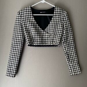 Zara sz‎ S tweed houndstooth jewel pins cropped blazer